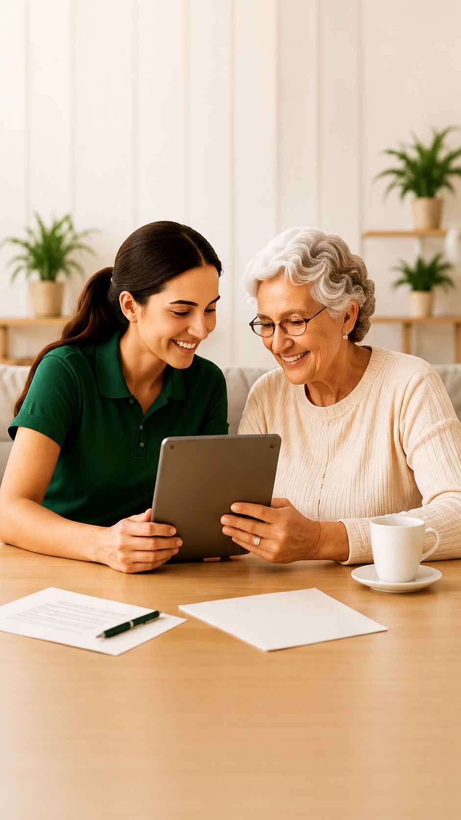 Betreuerin zeigt älterer Dame etwas auf dem Tablet