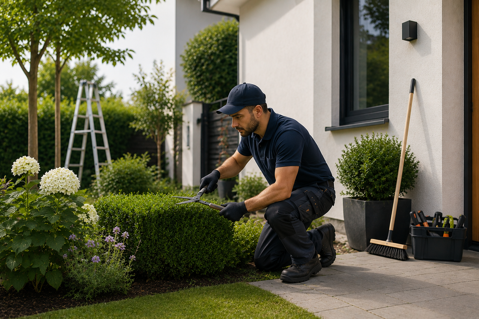 Hausmeister bei der Gartenpflege bzw. Reparaturarbeiten für Maxi Home