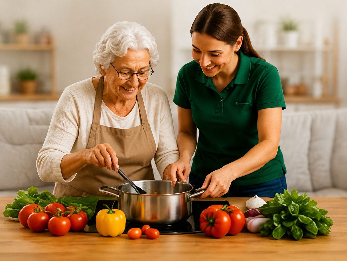 Betreuerin hilft älterer Dame beim Kochen